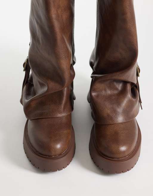 Public Desire Benjamin foldover mid ankle boots in brown | ASOS