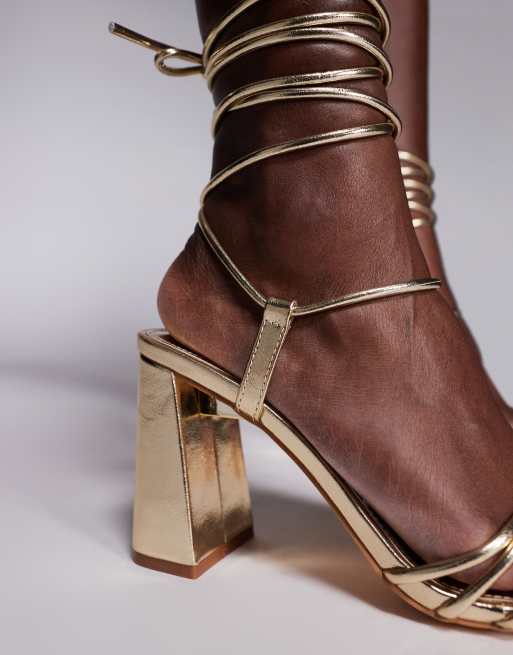 Public Desire Bergamot tie leg block heeled sandals in gold, 4 of 4