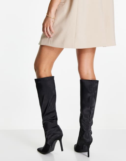 Public Desire Best Believe knee high heel boots in black satin, 4 of 4