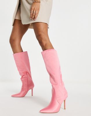 Public Desire Best Believe knee high heel boots in pink satin