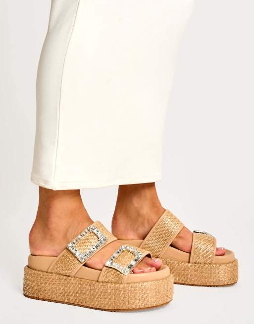 Public Desire Bettie rattan diamante buckle detail flatform slider sandals in natural