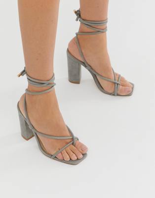 Public Desire Betty grey ankle tie toe loop heeled sandals