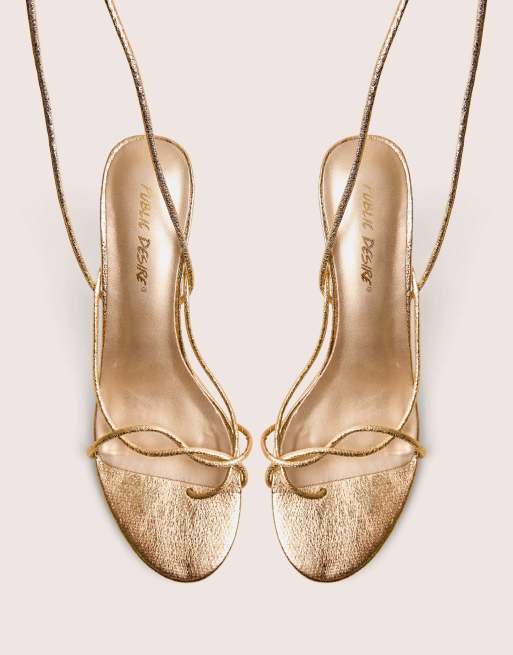 Public Desire Birdie gold cracked pu lace up mid heels in gold, 2 of 4