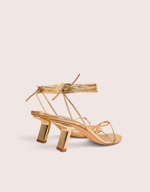 Public Desire Birdie gold cracked pu lace up mid heels in gold, 3 of 4