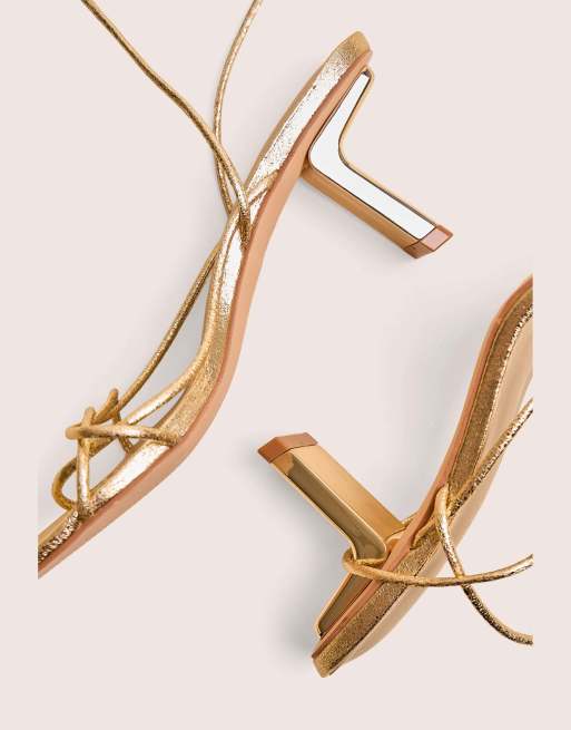 Public Desire Birdie gold cracked pu lace up mid heels in gold, 4 of 4