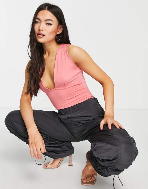 Public Desire - Body con scollo profondo attillato a doppio strato, colore rosa