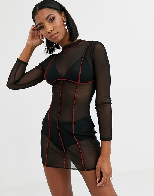 Public Desire bodycon mini dress with contrast overlocking in mesh