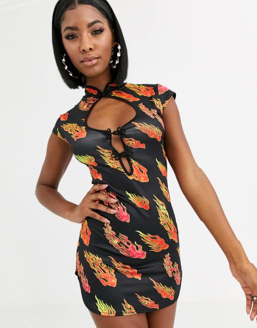 Public Desire bodycon mini dress with mandarin collar and frogging in flame print