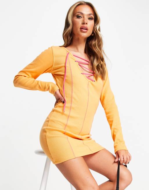 Public Desire - Bodycon mini-jurk met vetersluiting en contrasterende stiksels in oranje