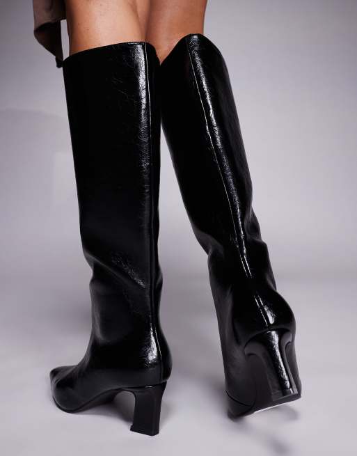 Public Desire Boomer heeled knee boots in black crinkle