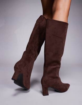 Public Desire Boomer Heeled Knee Boots In Brown