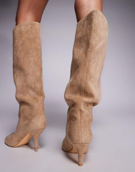 Public Desire Bordeaux ruched heeled knee boots in sand faux suede, 2 of 4