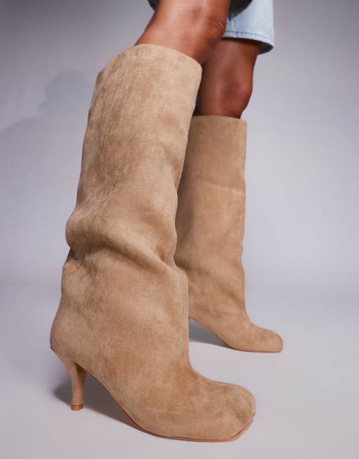 Public Desire Bordeaux ruched heeled knee boots in sand faux suede, 4 of 4