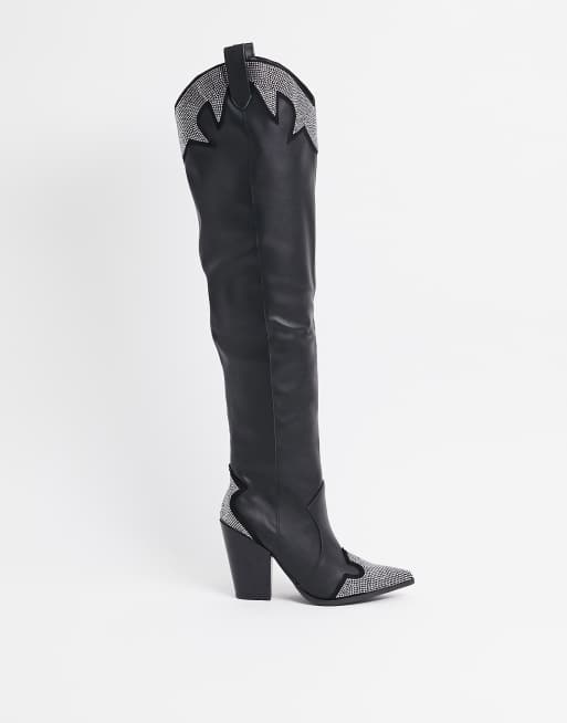 Public Desire - Brandy - Udsmykkede western-overknee-støvler i sort