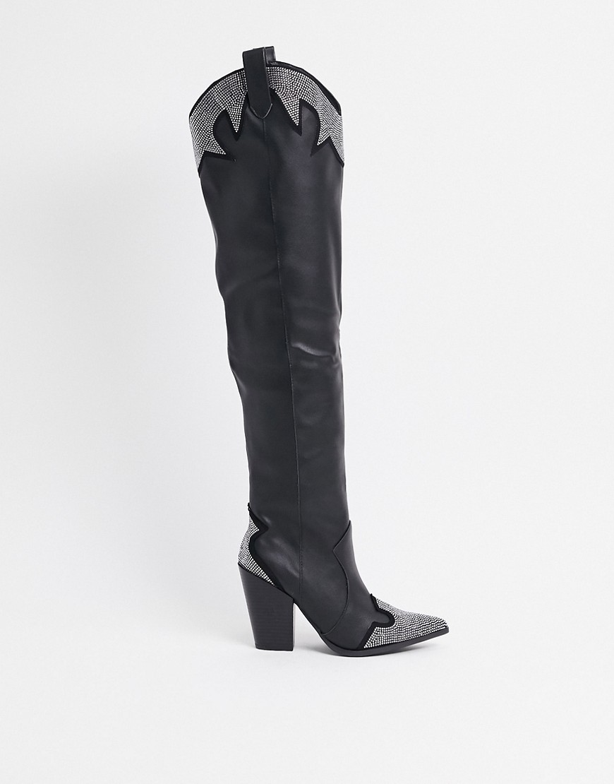Public Desire Brandy western embellished over the knee boots in black