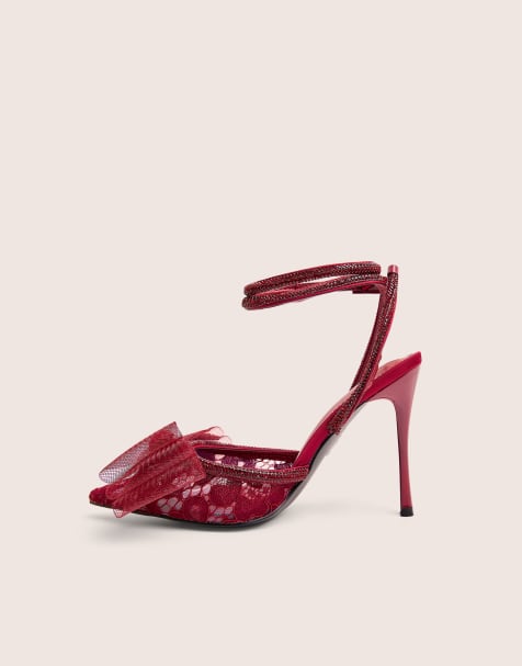 Public Desire Brat diamante strap wrap around pointed stiletto heels in burgundy - view 1
