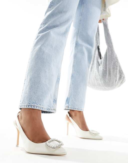 Public Desire Bridal Flora embellished buckle heeled slingback in cream satin