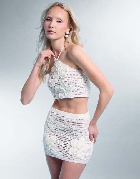 Public Desire Bridal Floral embroidered crochet mini skirt co ord in ivory - view 1