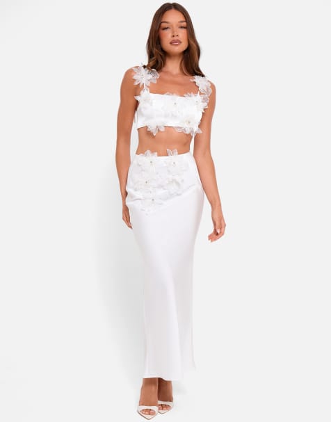 Public Desire Bridal Satin maxi skirt with floral applique in ivory