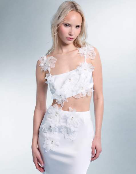 Public Desire Bridal Tie strap satin top with floral applique in ivory - view 1