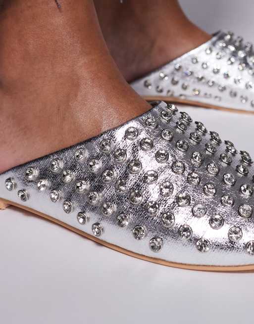 Public Desire Cairo studded flat mules in silver, 3 of 4