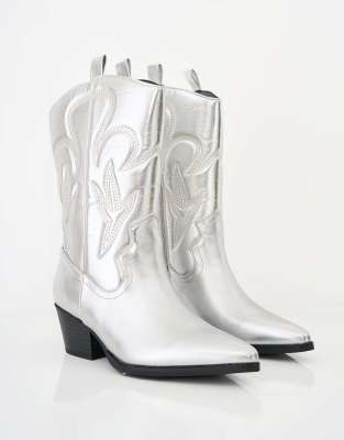Public Desire Calabasas western embroideknee high pointed toe cowboy boots in silver