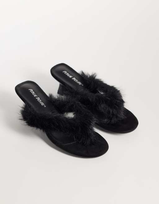 Public Desire Camilla kitten heel toe post sandals with faux fur in black, 2 of 4