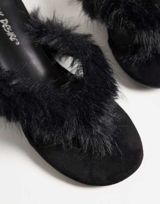Public Desire Camilla kitten heel toe post sandals with faux fur in black, 3 of 4