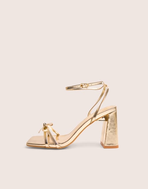 Public Desire Camille square toe strappy block heels in gold - view 1