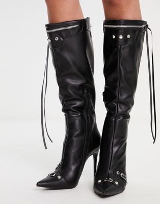 Public Desire Cardi knee high stiletto boot in black