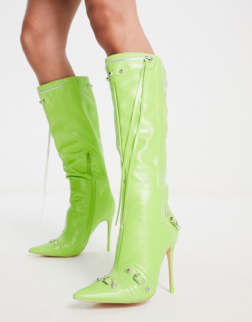 Public Desire Cardi knee high stiletto boot in lime-Green