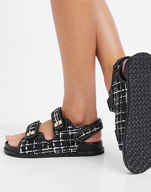 Women Flat Sandals/Public Desire Carmen chunky grandad sandals in black boucle 