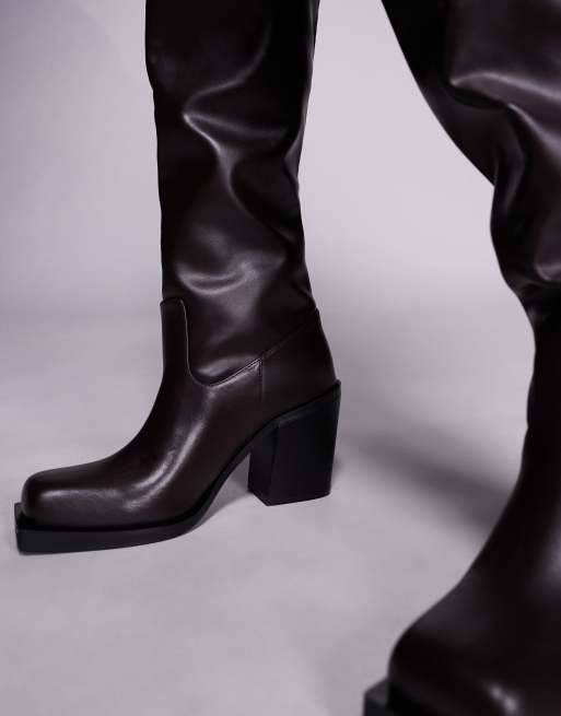 Public Desire Carter over the knee block heeled boots in dark brown, 2 of 4