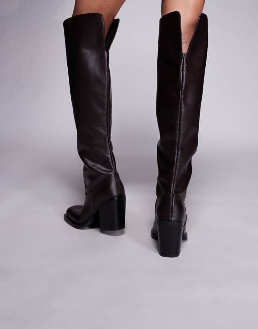 Public Desire Carter over the knee block heeled boots in dark brown, 3 of 4