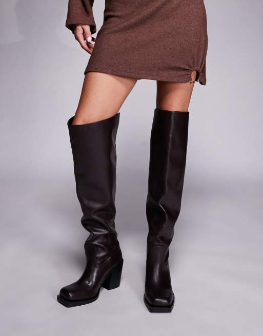 Public Desire Carter over the knee block heeled boots in dark brown, 4 of 4