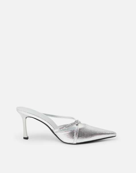 Public Desire Casanova cracked buckle detail pointed toe mid heel mules in silver - view 1