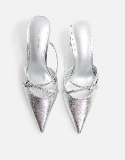 Public Desire Casanova cracked buckle detail pointed toe mid heel mules in silver, 3 of 4