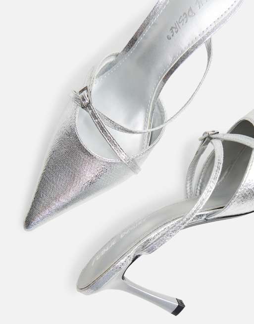 Public Desire Casanova cracked buckle detail pointed toe mid heel mules in silver, 4 of 4