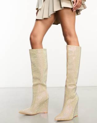 Public Desire Public Desire Cassiopa embellished knee boots in iridescent silver diamante
