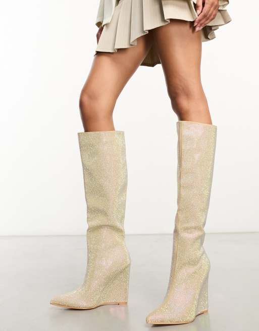 Public Desire – Cassiopa – Verzierte, kniehohe Stiefel mit Strassbesatz in schillerndem Silber