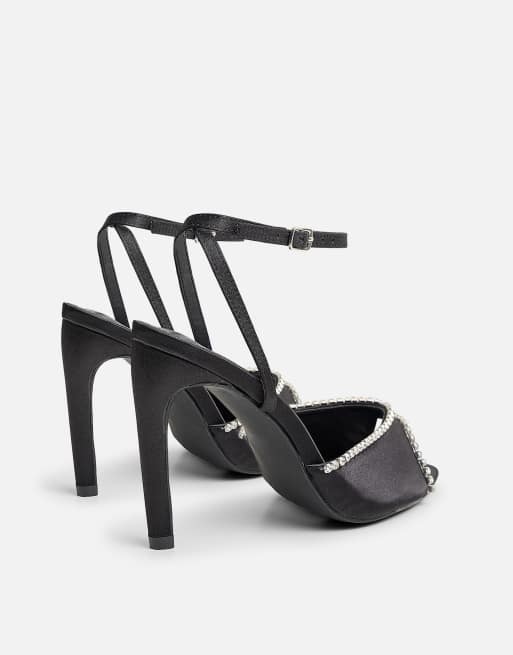 Public Desire Caught on embelished peep toe curved high heel in black, 3 of 4