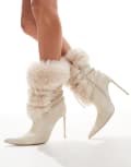 [Public Desire] Public Desire Celtica faux fur trim lace detail heeled ankle boots in cream-White 36 Cream