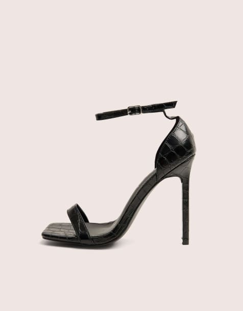 Public Desire Chaos croc square toe strappy barely there stiletto heels in black - view 1