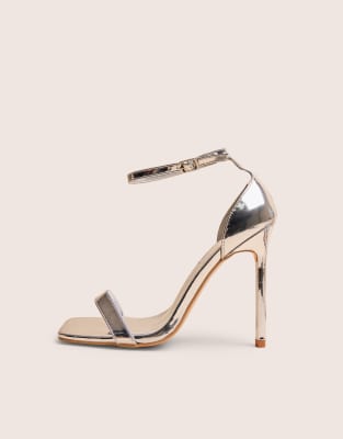 Public Desire Chaos square toe strappy barely there stiletto heel in metallic silver