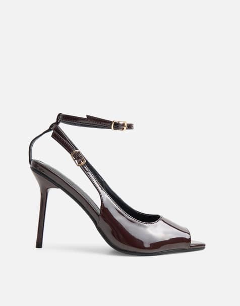 Public Desire Chiara patent ankle strap peep toe heels in chocolate - view 1