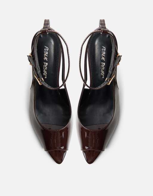 Public Desire Chiara patent ankle strap peep toe heels in chocolate, 2 of 4