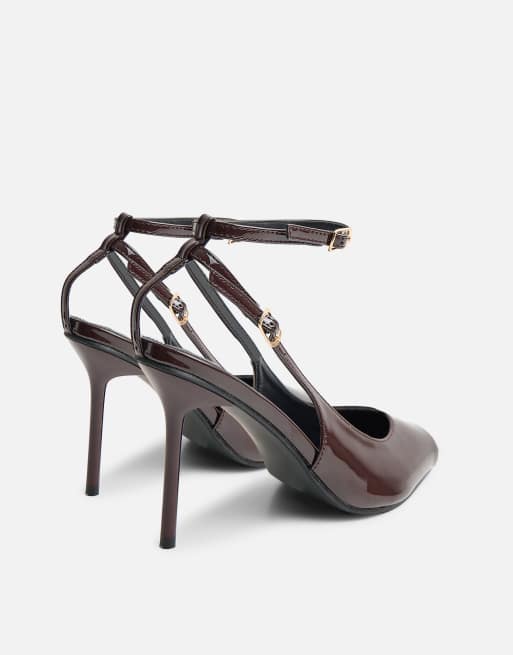 Public Desire Chiara patent ankle strap peep toe heels in chocolate, 3 of 4