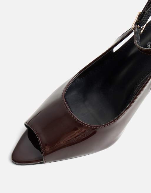 Public Desire Chiara patent ankle strap peep toe heels in chocolate, 4 of 4