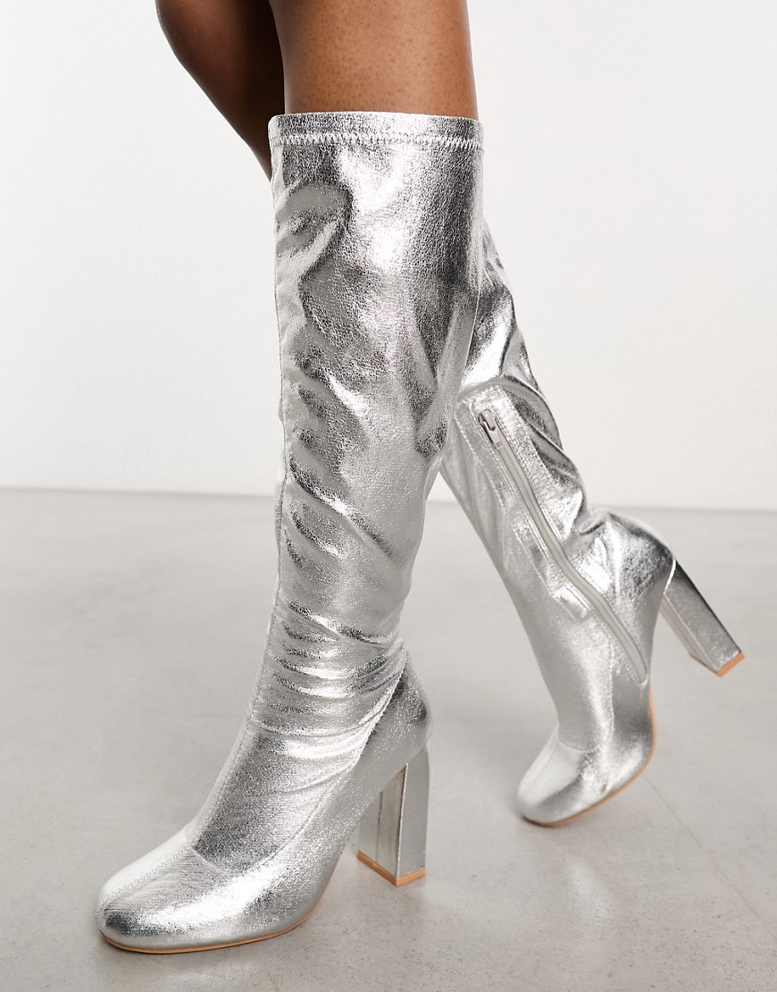 Public Desire Christina Heeled Knee Boots In Silver