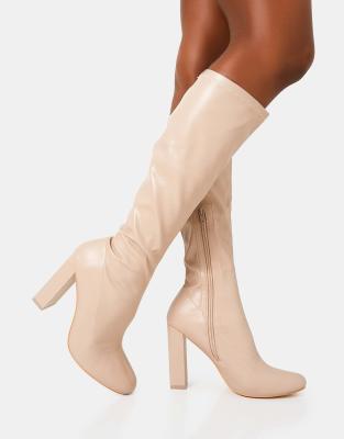  Christina pu pointed toe block heel knee high boots in beige pu
